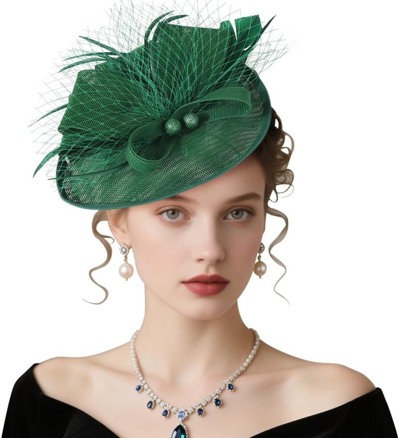 DRESHOW قبعة فاسيناتور مزينة بالريش مع رباط رأس للنساء، قبعات حفلات الشاي مع مشبك وزهرة لرأس الفتيات والنساء - Image 1